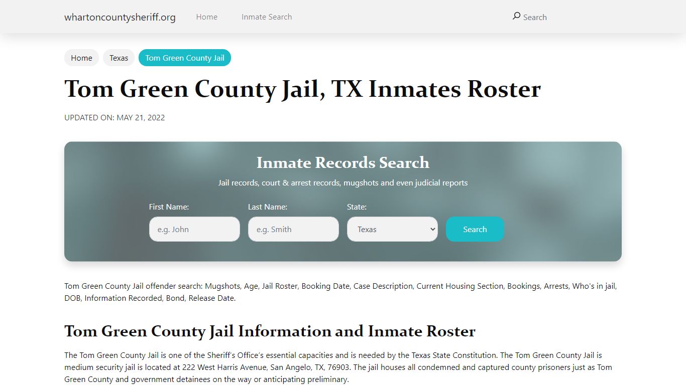 Tom Green County Jail , TX Inmates Roster - Wharton County Sheriff